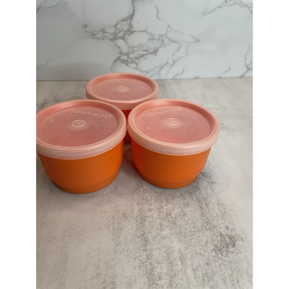 Vtg Lot of 3 Orange Tupperware #1229 Snack Mates With Lids